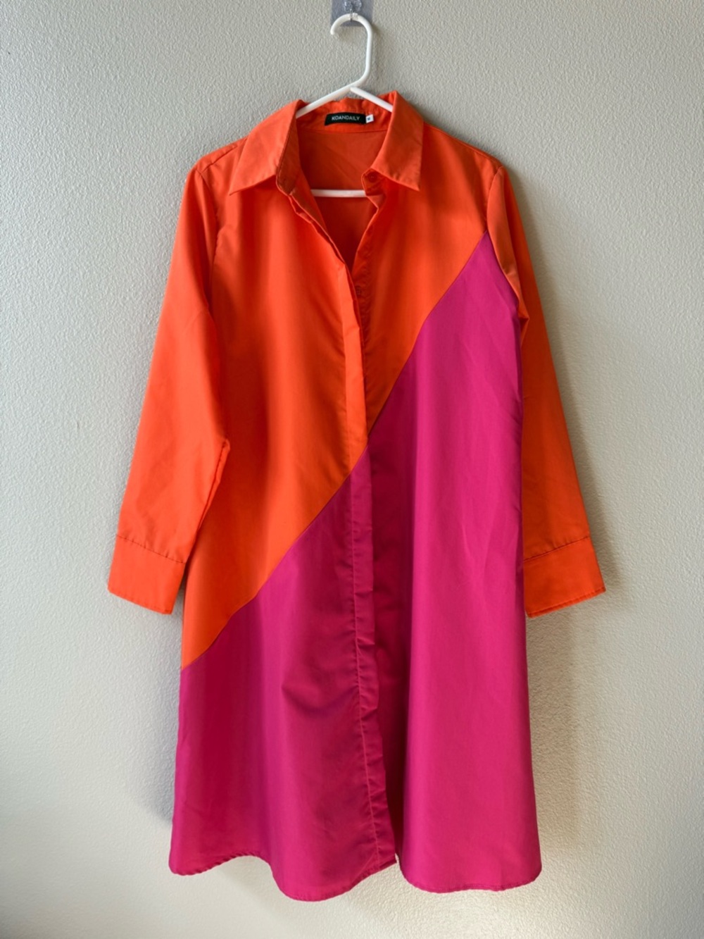 Koan Daily Colorblock Long-Sleeve Shirt Dress in Orange and Fuchsia